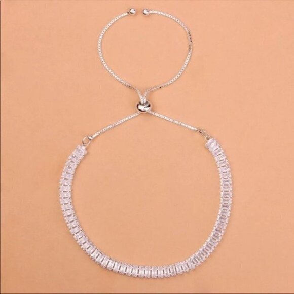 NEW Set of TWO SILVER Chain Clear Baguette Cut Crystals Dainty Bracelets - Picture 4 of 9